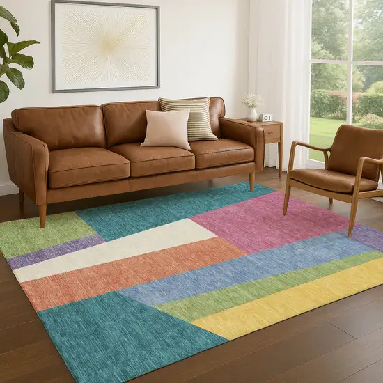 Teal Blue And Blush Geometric Washable Indoor Outdoor Area Rug Photo 5