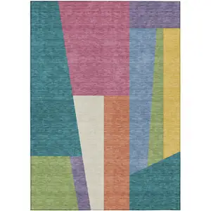 Photo of Teal Blue And Blush Geometric Washable Indoor Outdoor Area Rug