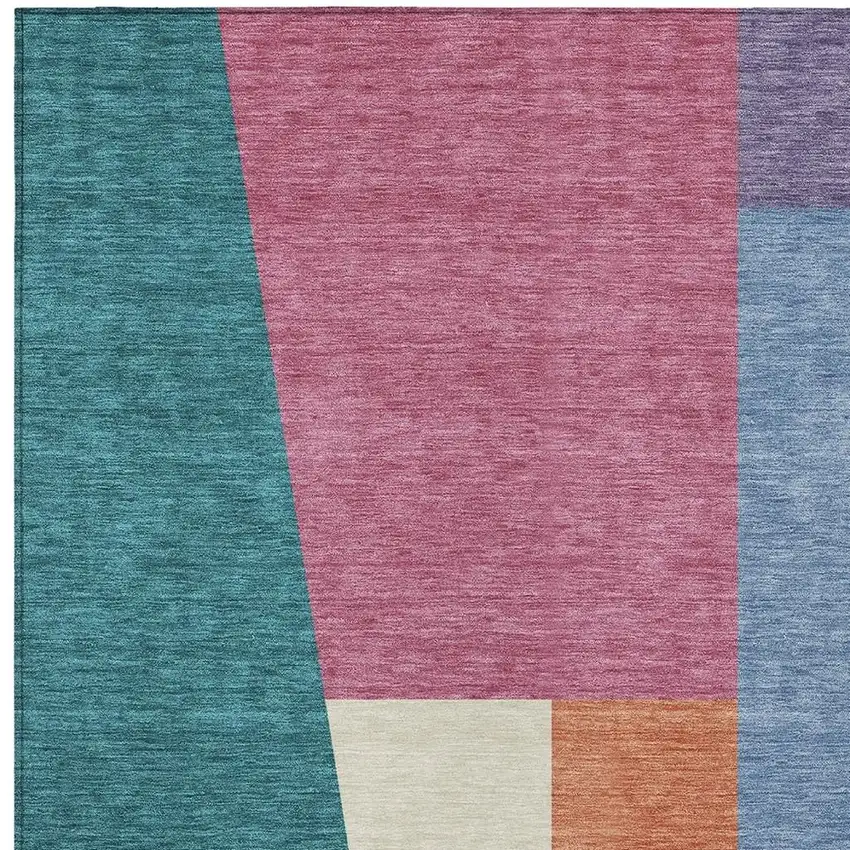 Teal Blue And Blush Geometric Washable Indoor Outdoor Area Rug Photo 2