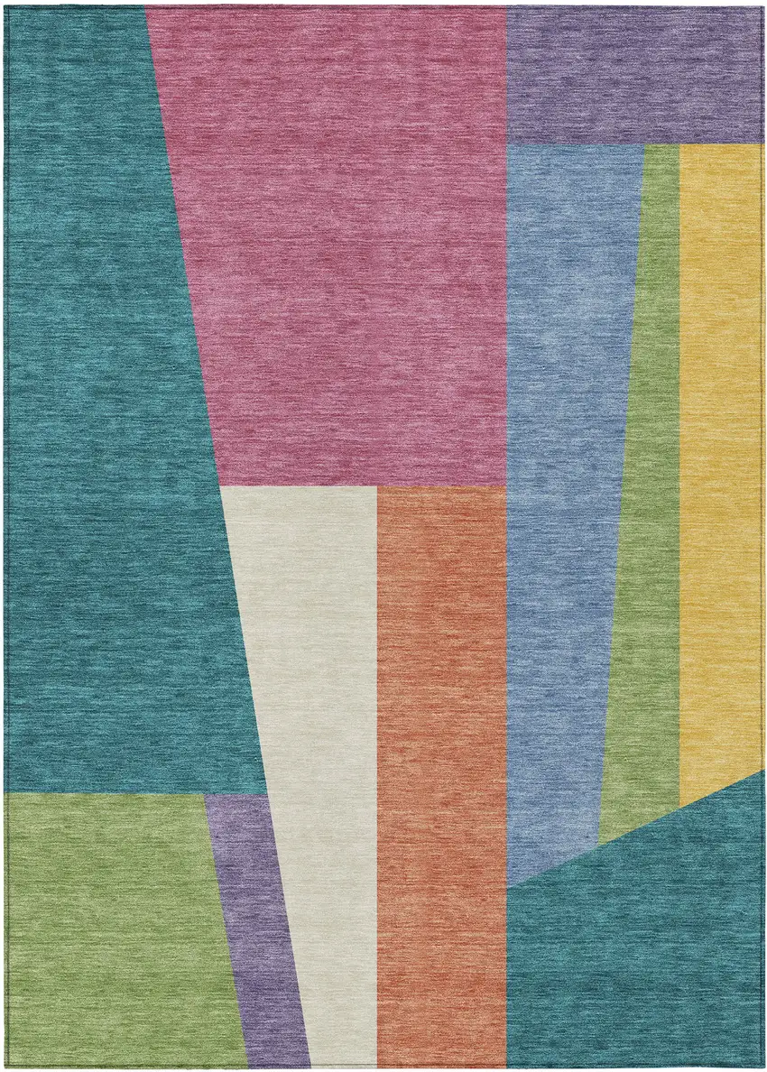 Teal Blue And Blush Geometric Washable Indoor Outdoor Area Rug Photo 1