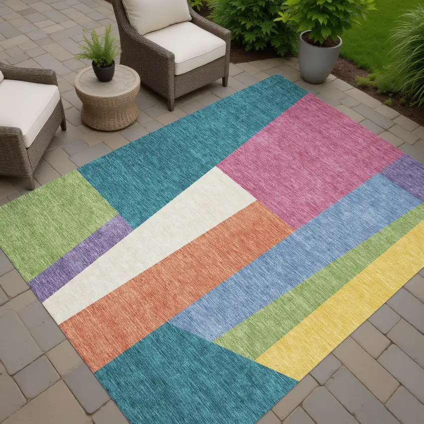 Teal Blue And Blush Geometric Washable Indoor Outdoor Area Rug Photo 7