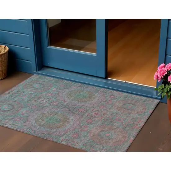 Teal Blue And Blush Medallion Washable Indoor Outdoor Area Rug Photo 2