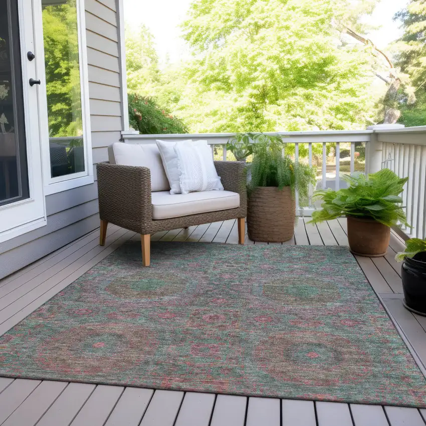 Teal Blue And Blush Medallion Washable Indoor Outdoor Area Rug Photo 9