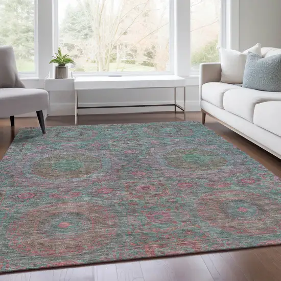 Teal Blue And Blush Medallion Washable Indoor Outdoor Area Rug Photo 8