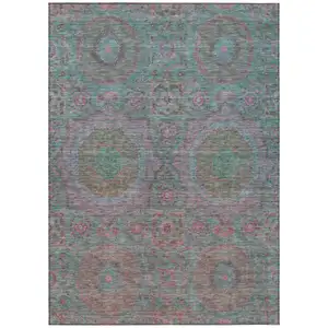 Photo of Teal Blue And Blush Medallion Washable Indoor Outdoor Area Rug