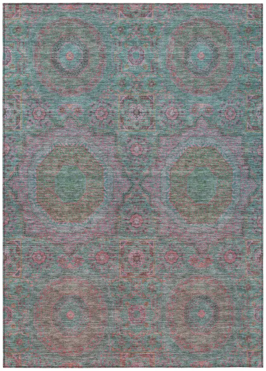 Teal Blue And Blush Medallion Washable Indoor Outdoor Area Rug Photo 1