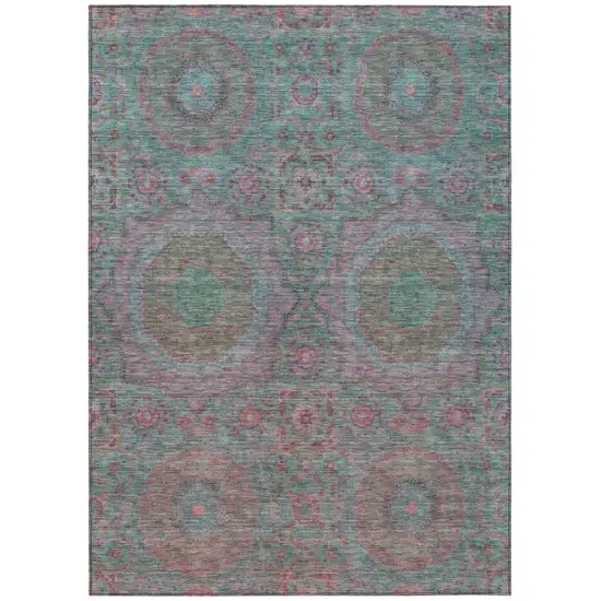 Teal Blue And Blush Medallion Washable Indoor Outdoor Area Rug Photo 1