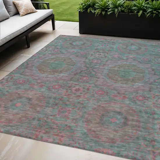 Teal Blue And Blush Medallion Washable Indoor Outdoor Area Rug Photo 2