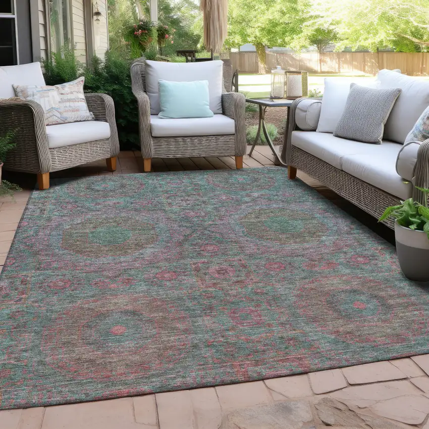 Teal Blue And Blush Medallion Washable Indoor Outdoor Area Rug Photo 6