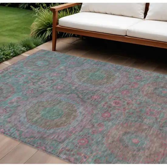 Teal Blue And Blush Medallion Washable Indoor Outdoor Area Rug Photo 2