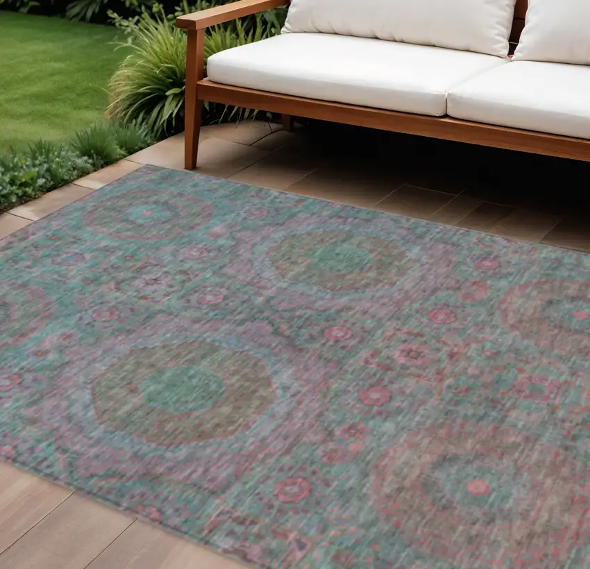 Teal Blue And Blush Medallion Washable Indoor Outdoor Area Rug Photo 2