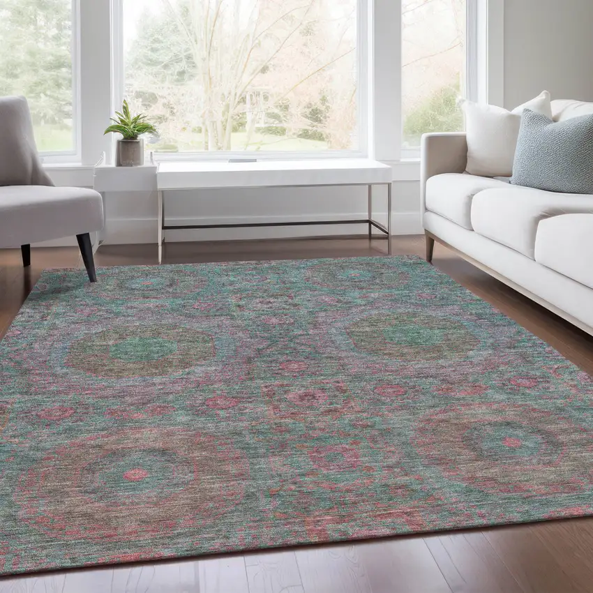 Teal Blue And Blush Medallion Washable Indoor Outdoor Area Rug Photo 8