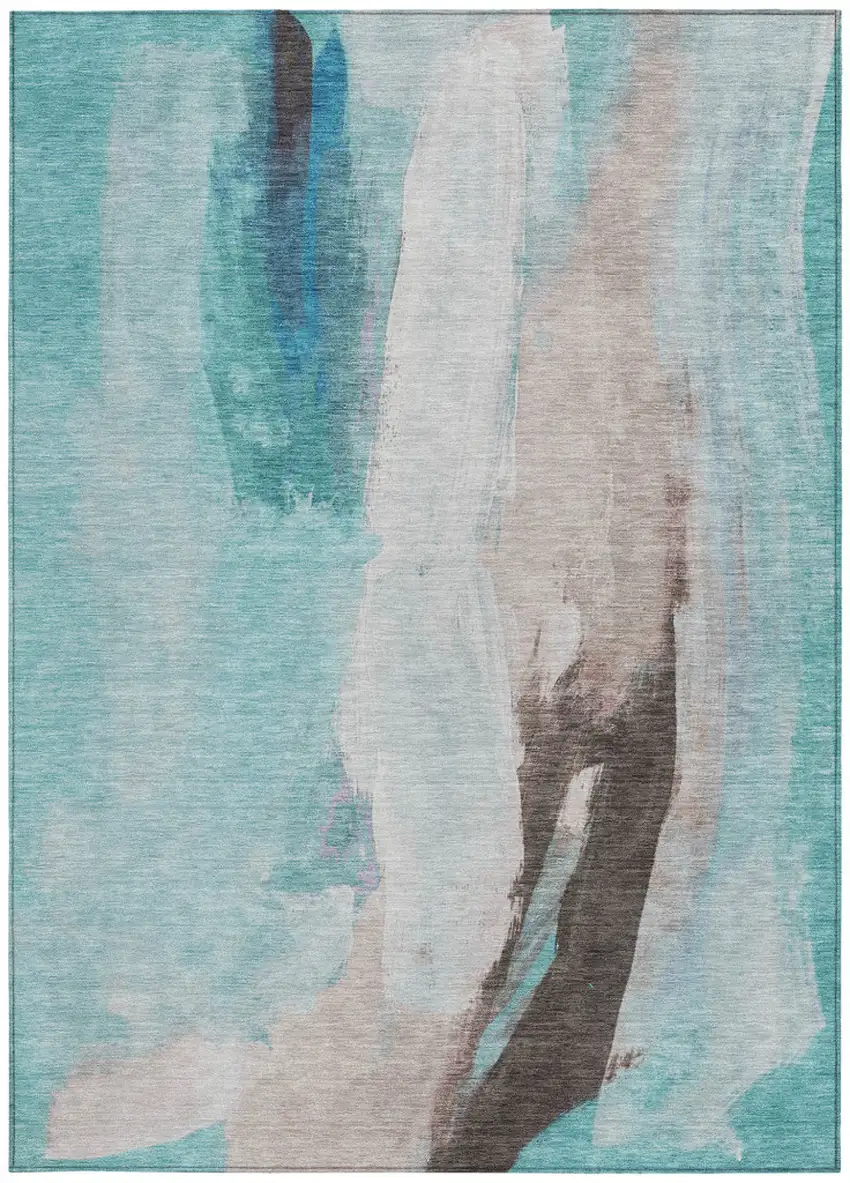 Teal Blue And Brown Abstract Washable Indoor Outdoor Area Rug Photo 8