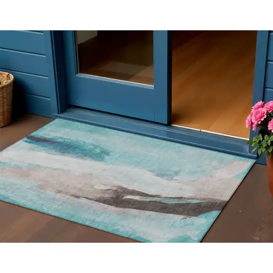 Teal Blue And Brown Abstract Washable Indoor Outdoor Area Rug Photo 2