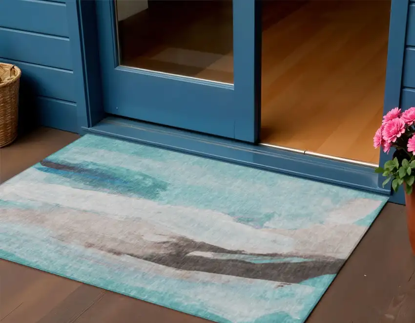 Teal Blue And Brown Abstract Washable Indoor Outdoor Area Rug Photo 2
