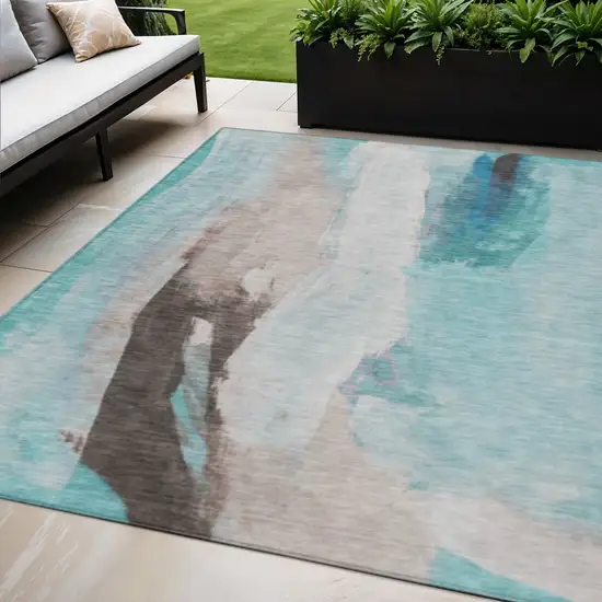 Teal Blue And Brown Abstract Washable Indoor Outdoor Area Rug Photo 2