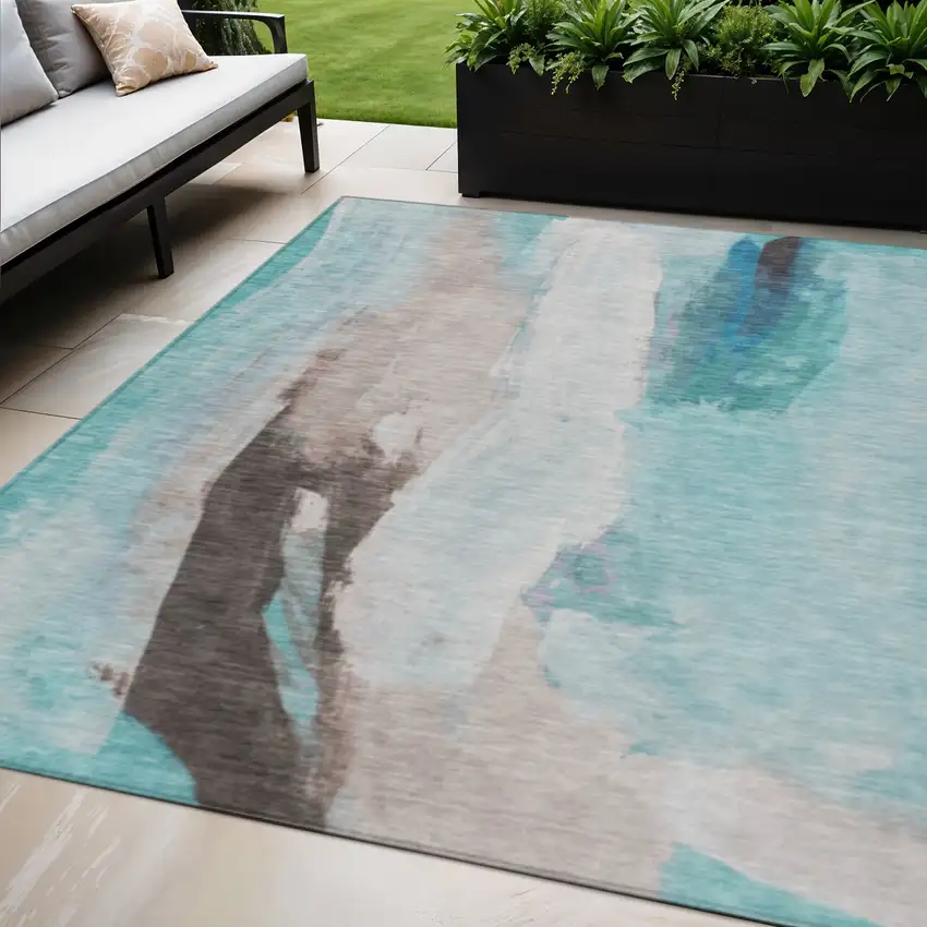 Teal Blue And Brown Abstract Washable Indoor Outdoor Area Rug Photo 2