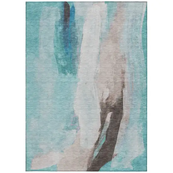 Teal Blue And Brown Abstract Washable Indoor Outdoor Area Rug Photo 9