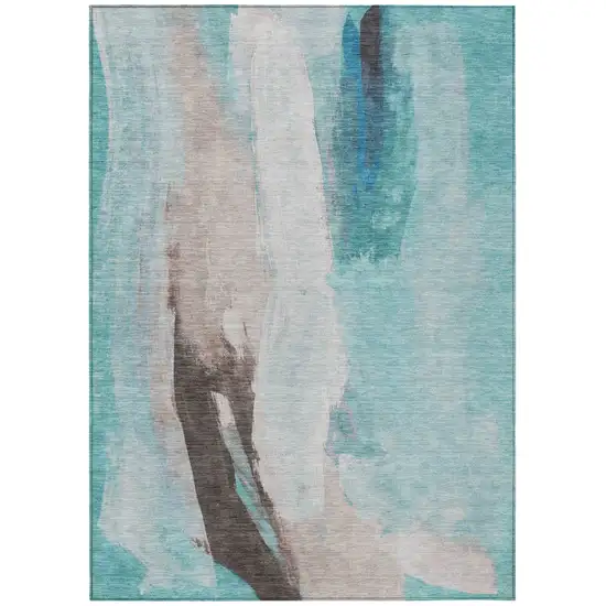 Teal Blue And Brown Abstract Washable Indoor Outdoor Area Rug Photo 8