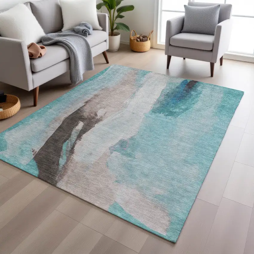 Teal Blue And Brown Abstract Washable Indoor Outdoor Area Rug Photo 5