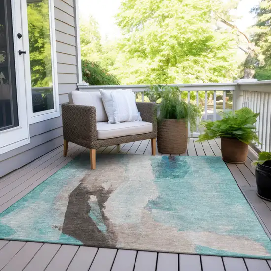 Teal Blue And Brown Abstract Washable Indoor Outdoor Area Rug Photo 7