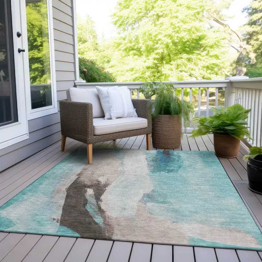 Teal Blue And Brown Abstract Washable Indoor Outdoor Area Rug Photo 7