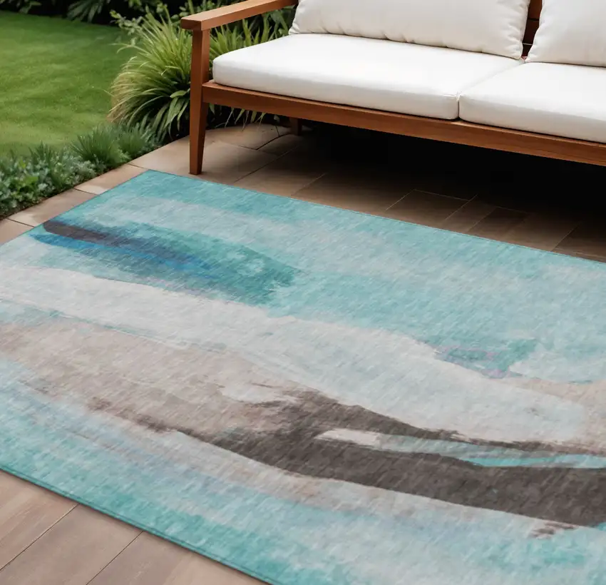 Teal Blue And Brown Abstract Washable Indoor Outdoor Area Rug Photo 2