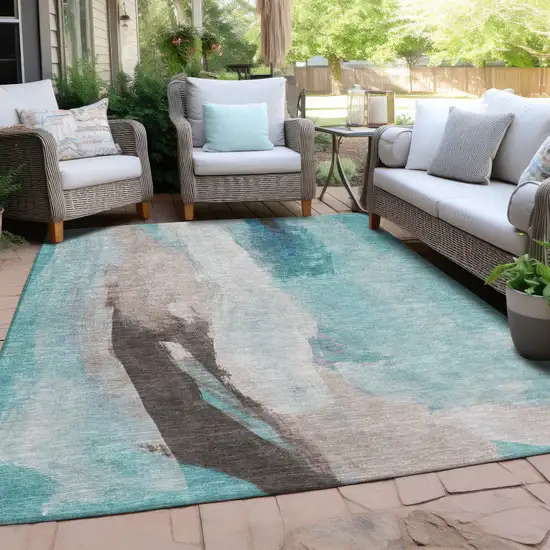 Teal Blue And Brown Abstract Washable Indoor Outdoor Area Rug Photo 4