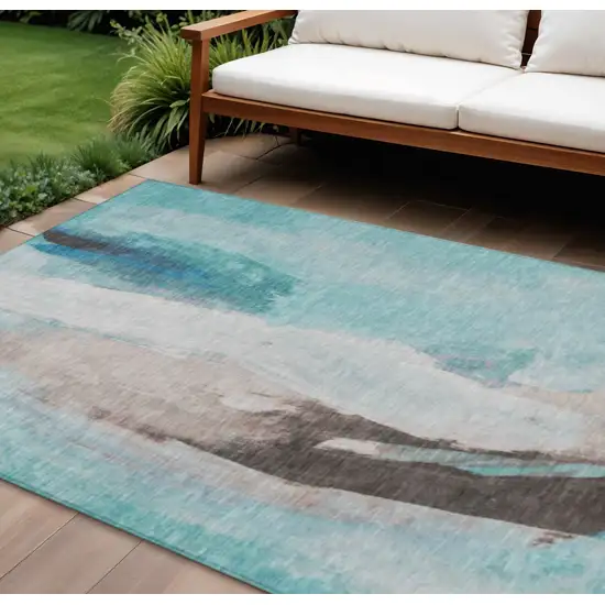 Teal Blue And Brown Abstract Washable Indoor Outdoor Area Rug Photo 2