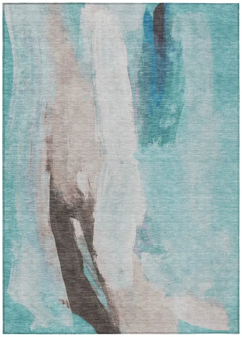 Teal Blue And Brown Abstract Washable Indoor Outdoor Area Rug Photo 7