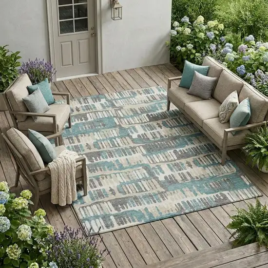 Teal Blue And Brown Abstract Washable Indoor Outdoor Area Rug Photo 1