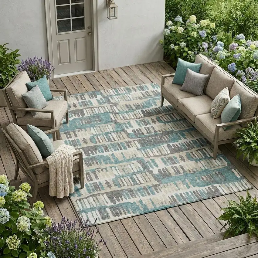 Teal Blue And Brown Abstract Washable Indoor Outdoor Area Rug Photo 1