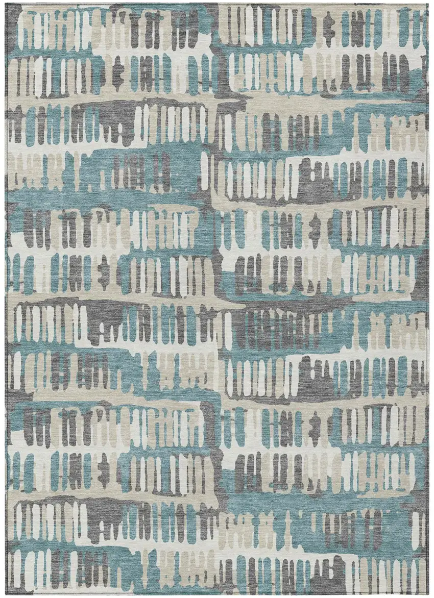 Teal Blue And Brown Abstract Washable Indoor Outdoor Area Rug Photo 2