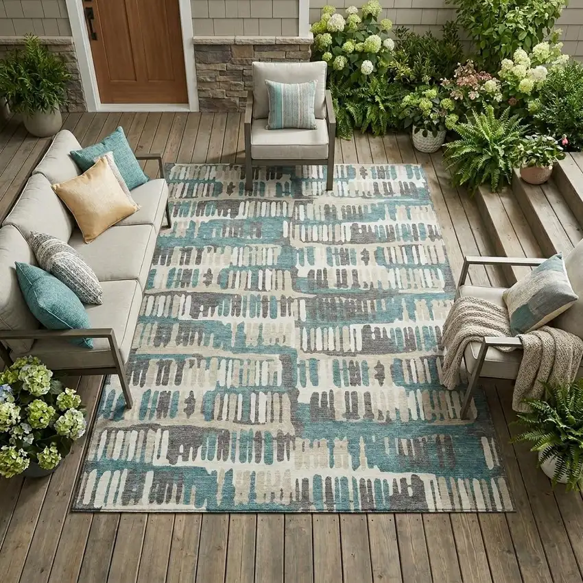 Teal Blue And Brown Abstract Washable Indoor Outdoor Area Rug Photo 1