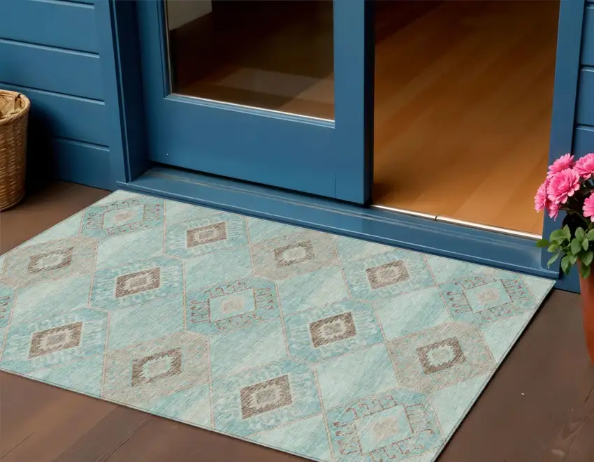 Teal Blue And Brown Aztec Washable Indoor Outdoor Area Rug Photo 2