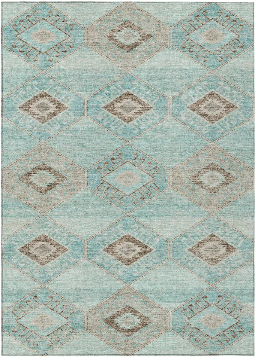 Teal Blue And Brown Aztec Washable Indoor Outdoor Area Rug Photo 1