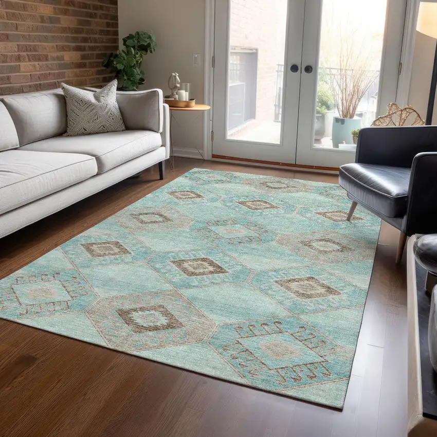 Teal Blue And Brown Aztec Washable Indoor Outdoor Area Rug Photo 6