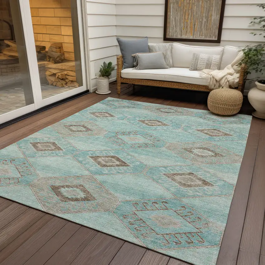 Teal Blue And Brown Aztec Washable Indoor Outdoor Area Rug Photo 5