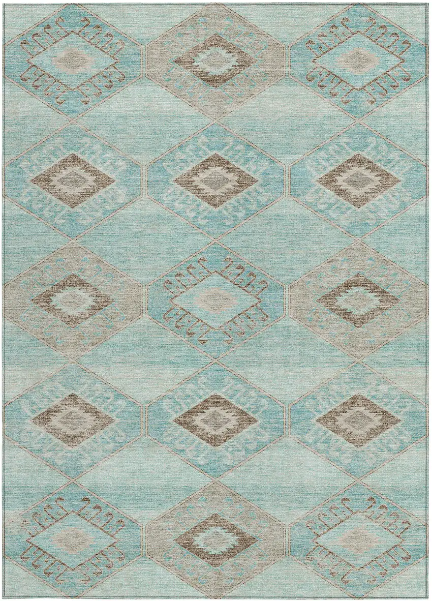 Teal Blue And Brown Aztec Washable Indoor Outdoor Area Rug Photo 3