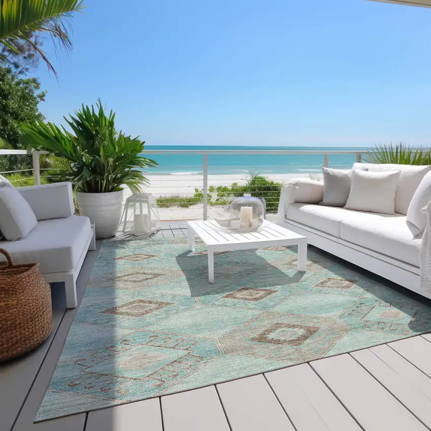 Teal Blue And Brown Aztec Washable Indoor Outdoor Area Rug Photo 8