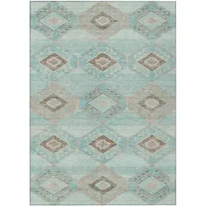 Photo of Teal Blue And Brown Aztec Washable Indoor Outdoor Area Rug