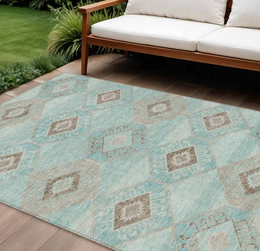 Teal Blue And Brown Aztec Washable Indoor Outdoor Area Rug Photo 2