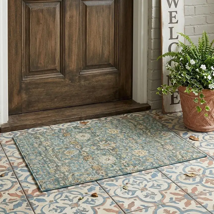 Teal Blue And Brown Floral Medallion Washable Indoor Outdoor Area Rug Photo 1