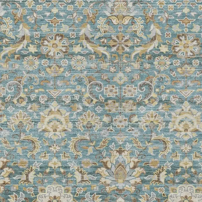 Teal Blue And Brown Floral Medallion Washable Indoor Outdoor Area Rug Photo 3