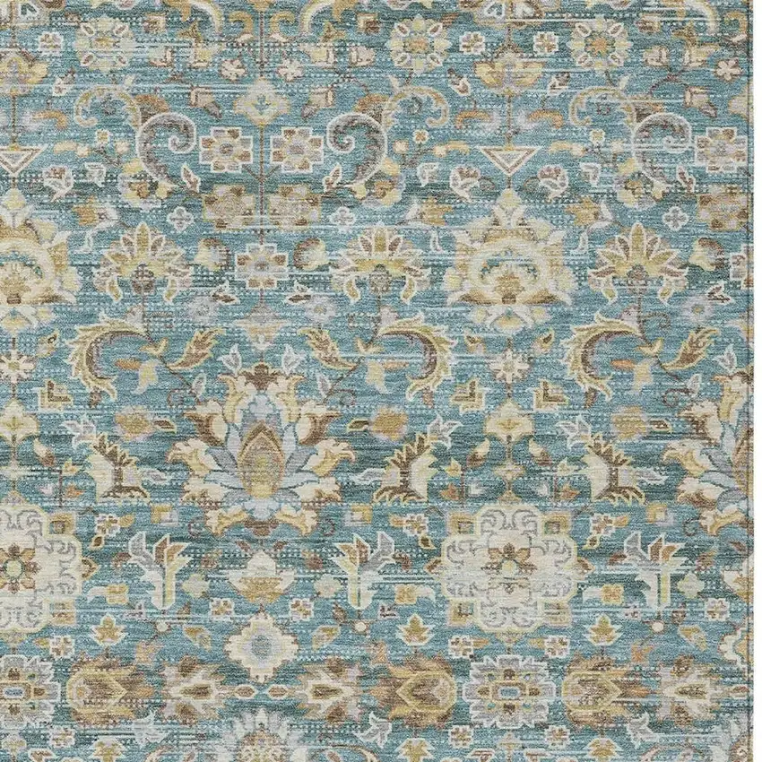 Teal Blue And Brown Floral Medallion Washable Indoor Outdoor Area Rug Photo 3