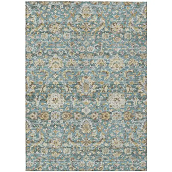 Teal Blue And Brown Floral Medallion Washable Indoor Outdoor Area Rug Photo 2