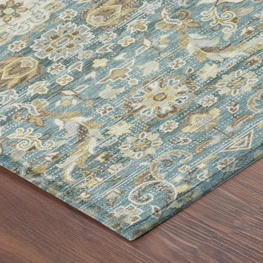 Teal Blue And Brown Floral Medallion Washable Indoor Outdoor Area Rug Photo 5