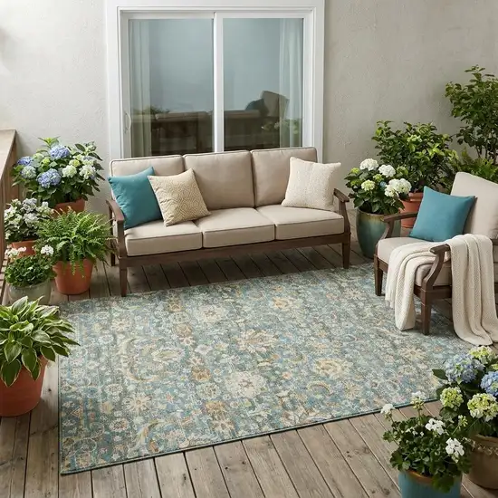 Teal Blue And Brown Floral Medallion Washable Indoor Outdoor Area Rug Photo 1