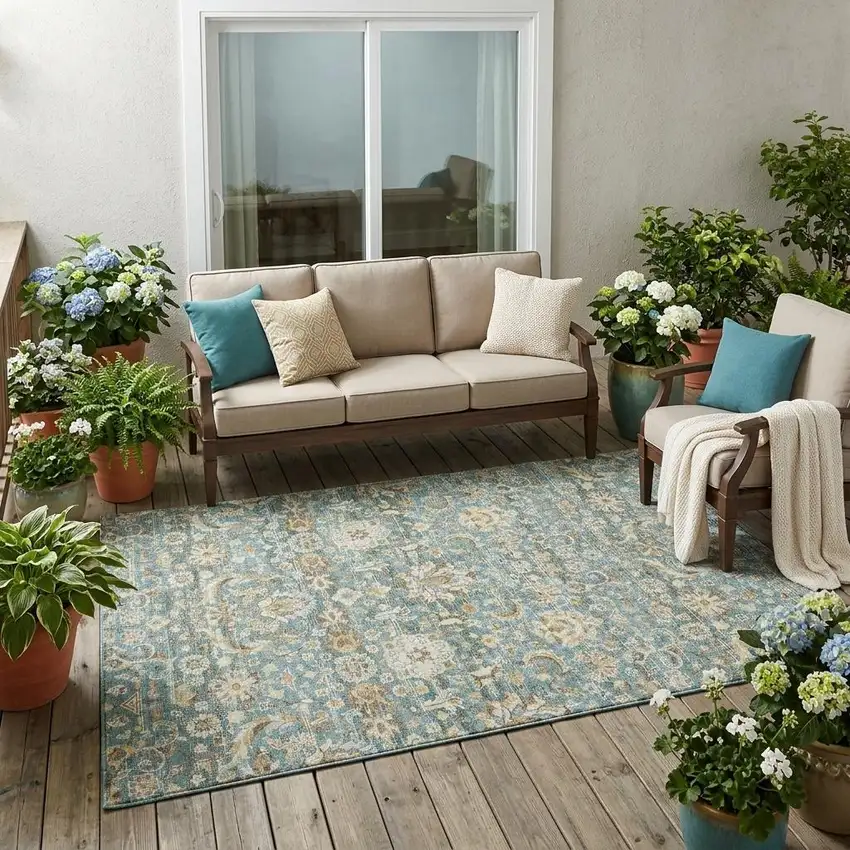 Teal Blue And Brown Floral Medallion Washable Indoor Outdoor Area Rug Photo 1