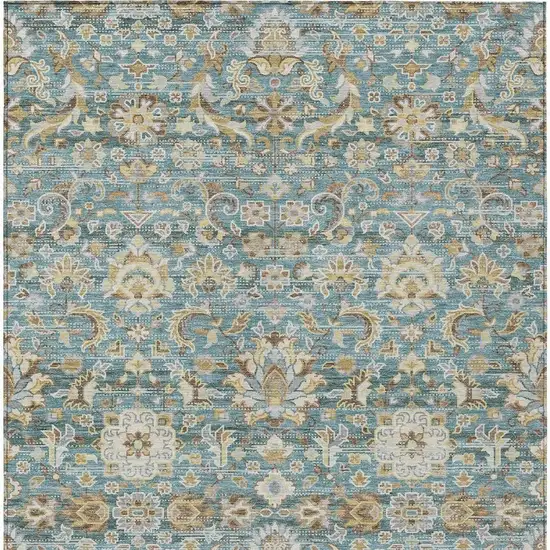 Teal Blue And Brown Floral Medallion Washable Indoor Outdoor Area Rug Photo 4